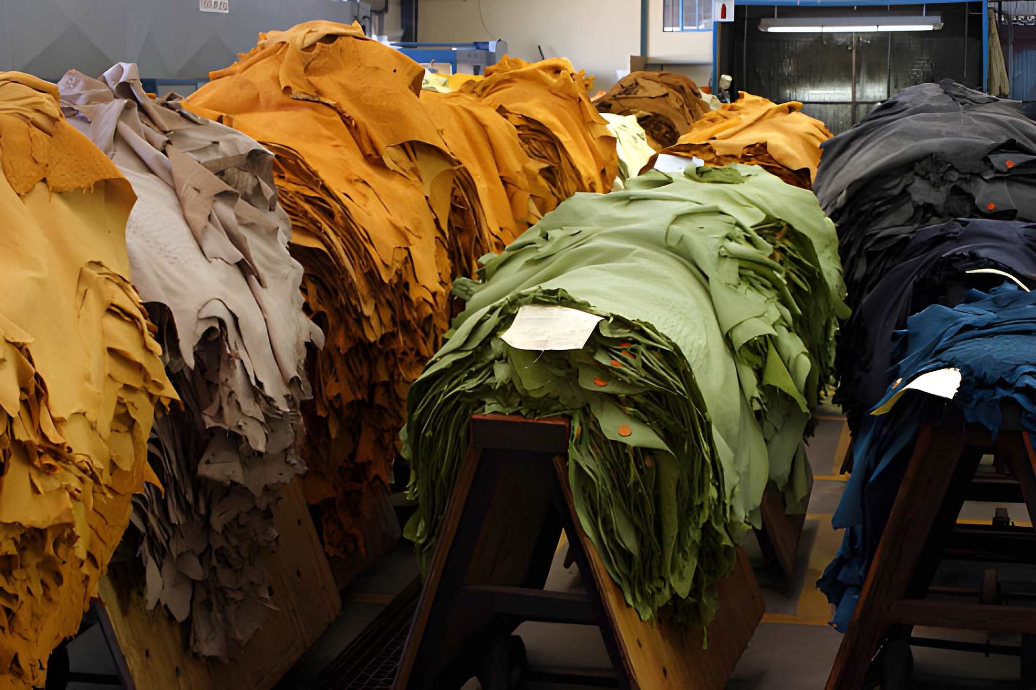 Rows of freshly dyed leather hides in orange, green and blue drying on trestles